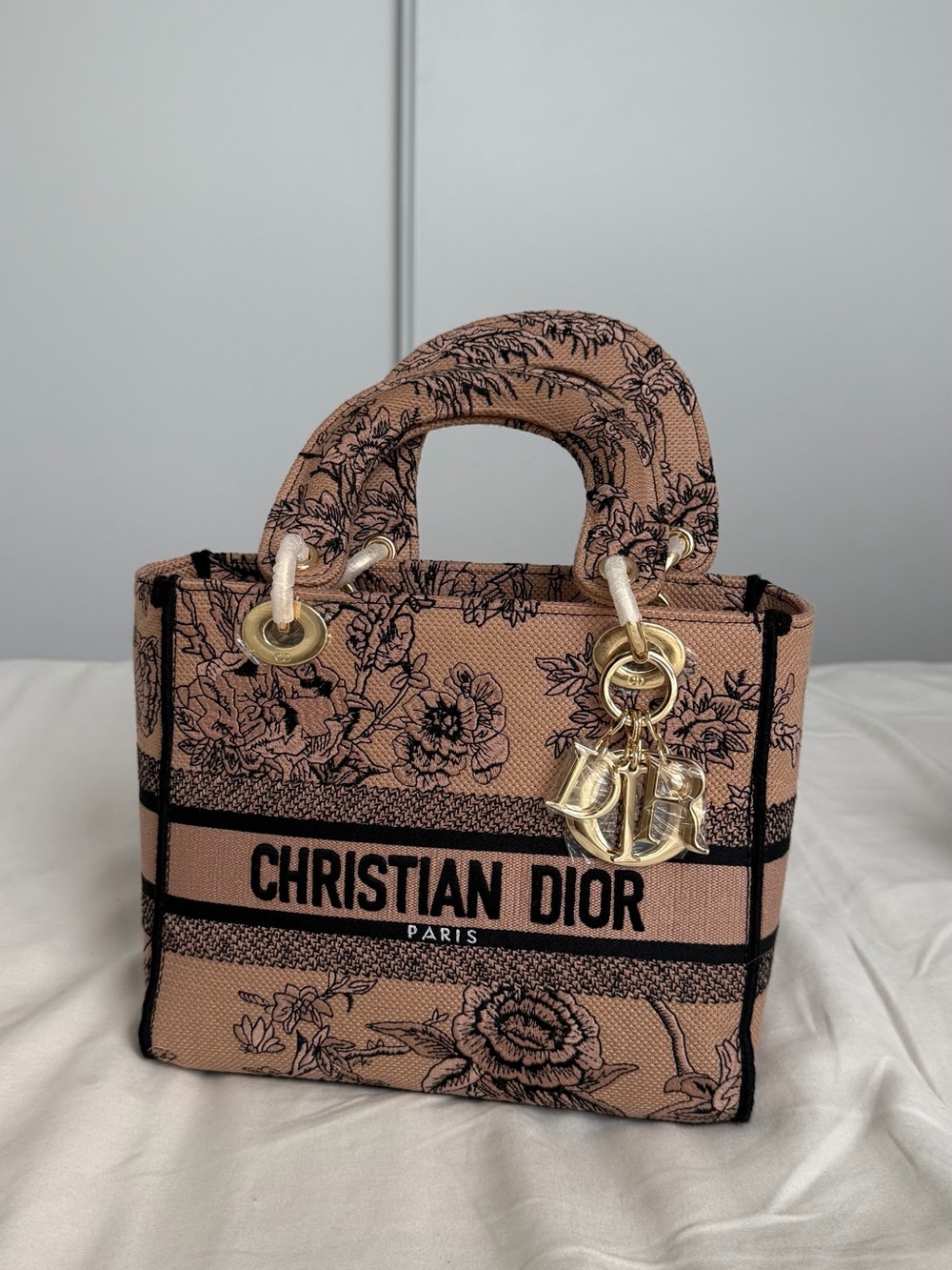 Dior Beige Floral Mini Book Tote with Gold Charms